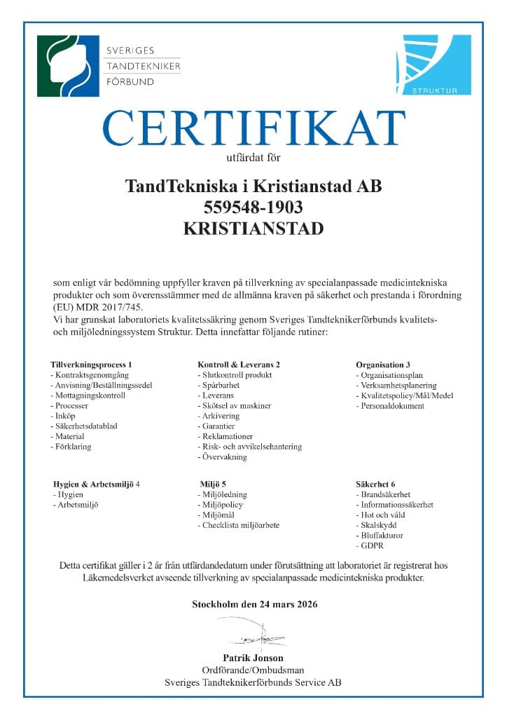 Struktur-certifikat utfärdat för TandTekniska i Kristianstad AB